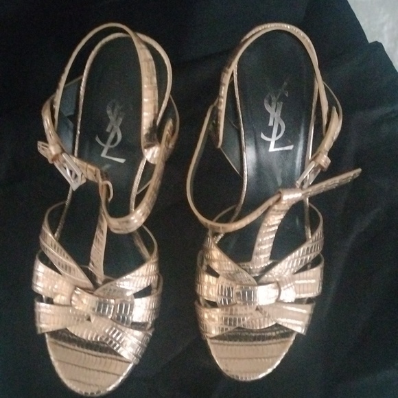 YSL metallic Gold Lizard Embossed Leather Tribute Ankle Strap Platform heels - Picture 14 of 16
